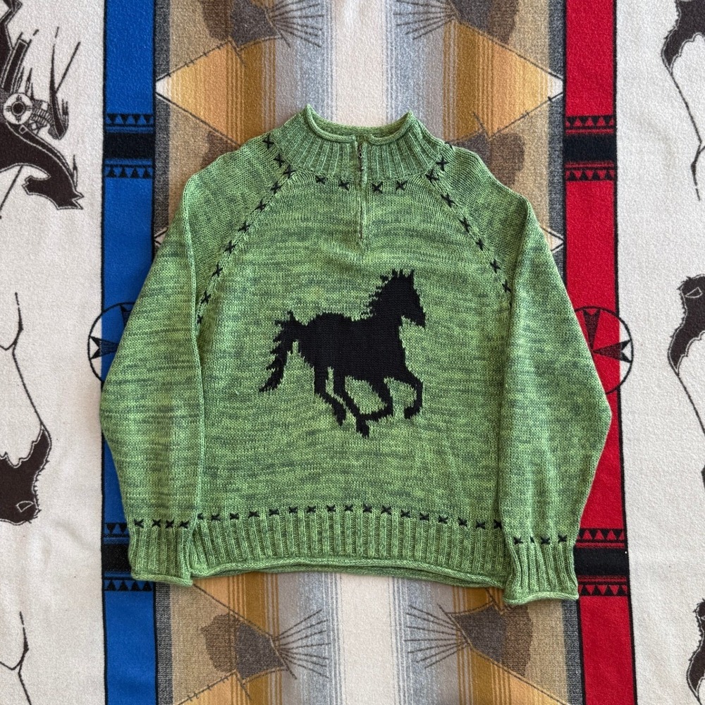 Timberlea Green Horse Intarsia Quarter Zip Sweater Ramie Cotton XL Womens